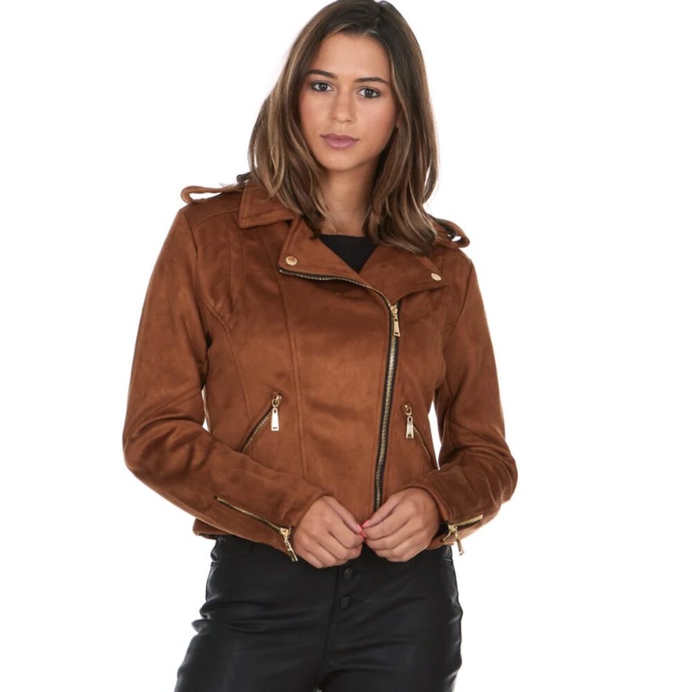 JOUJOU Brown Asymmetrical Faux Suede Fitted Full Zip Moto Jacket Lightweight S